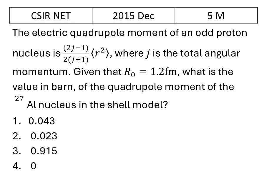 CSIR NET 2015 Dec Shell Model previous year question CSIR_2015_Dec_Q74