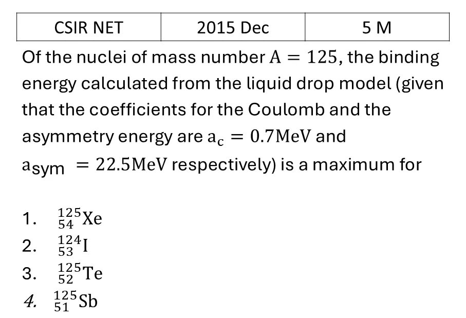 CSIR NET 2015 Dec Liquid Drop Model previous year question CSIR_2015_Dec_Q75