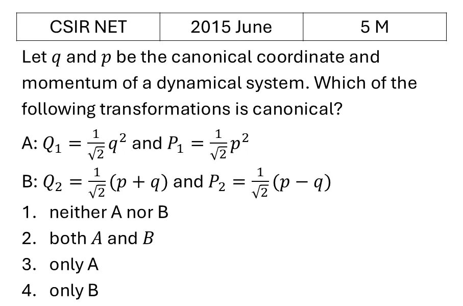 CSIR NET 2015 June Canonical transformations previous year question CSIR_2015_June_Q50