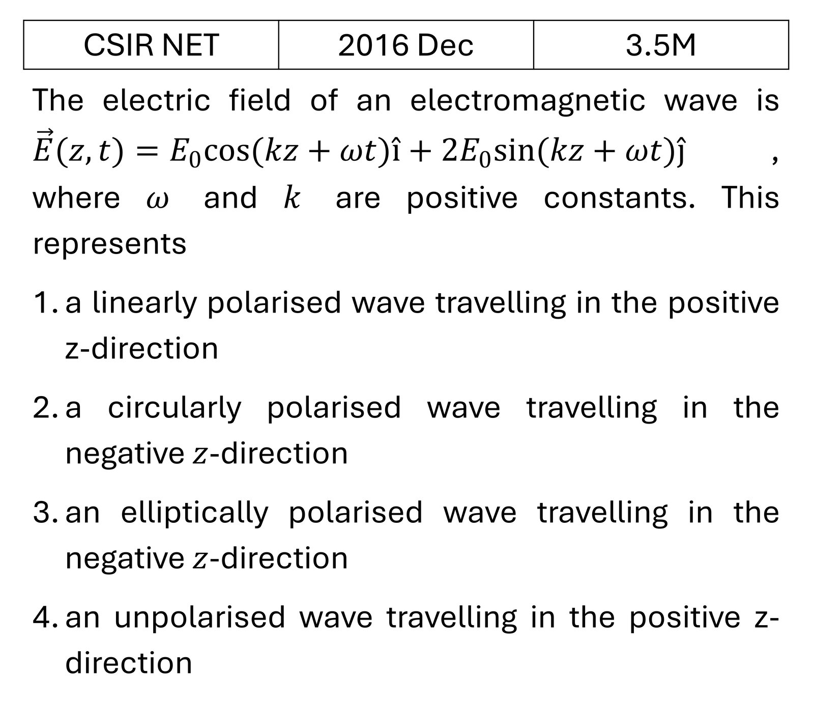 CSIR NET 2016 Dec Polarization previous year question CSIR_2016_Dec_Q33