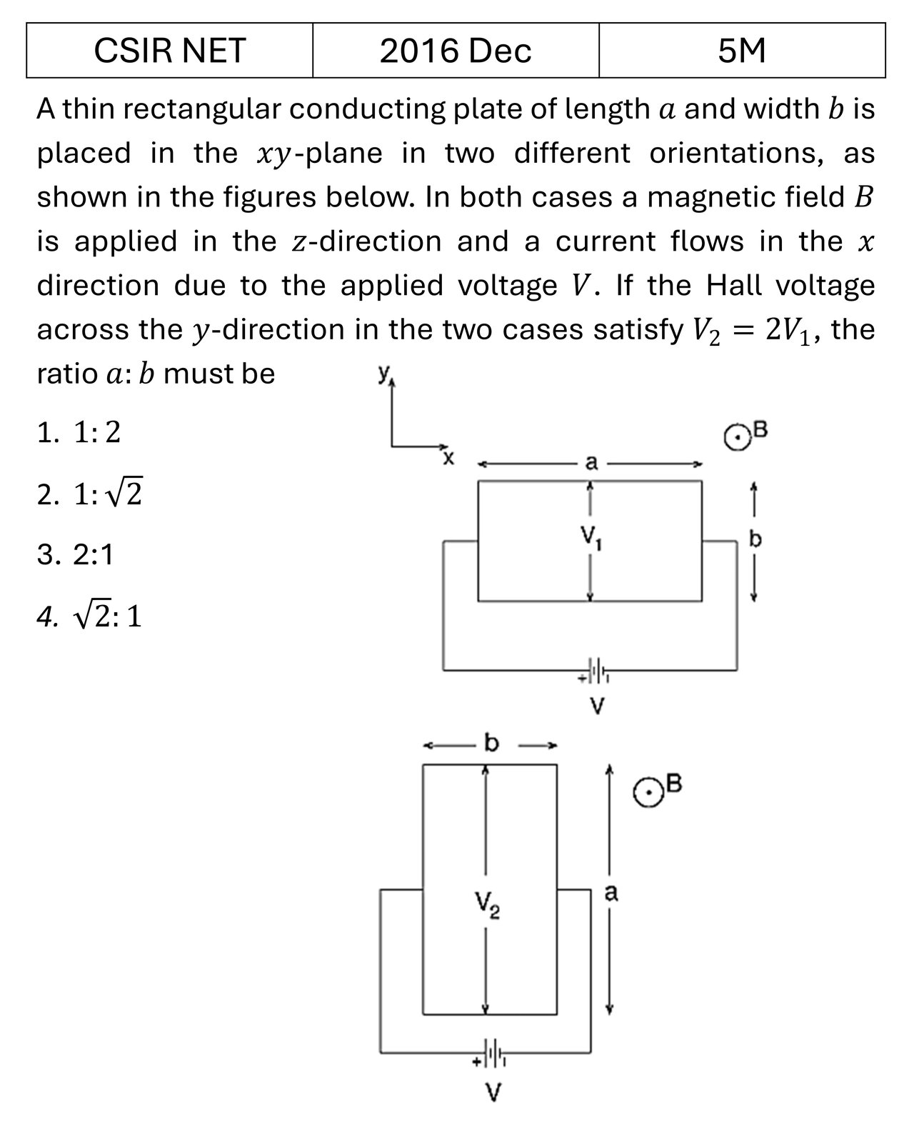 CSIR NET 2016 Dec Hall Effect previous year question CSIR_2016_Dec_Q68