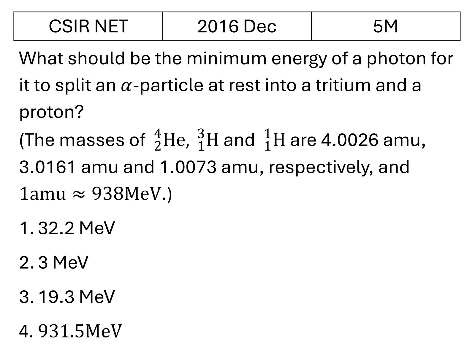 CSIR NET 2016 Dec Nuclear properties previous year question CSIR_2016_Dec_Q73