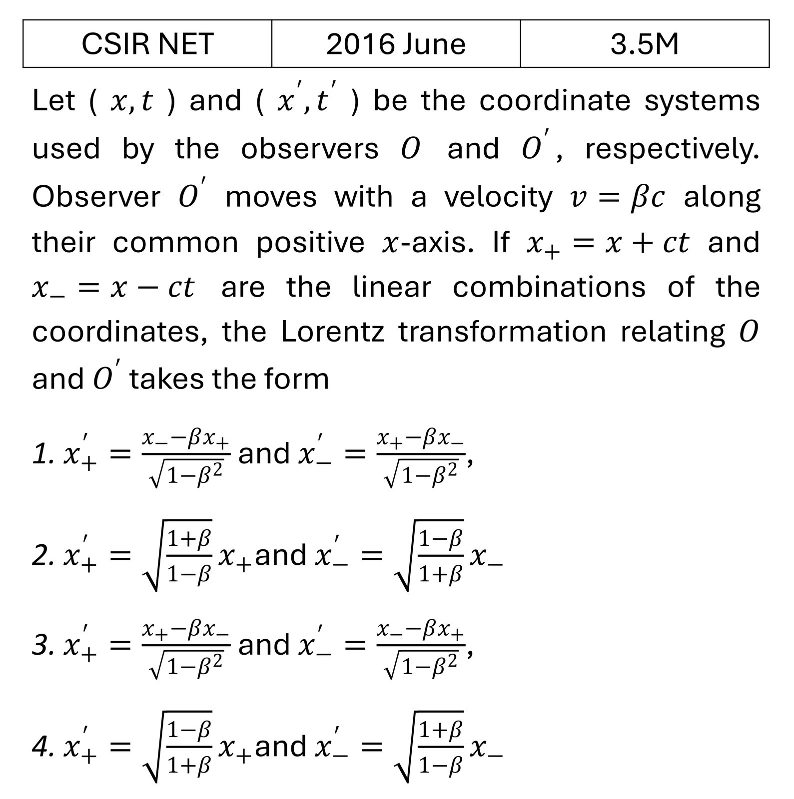 CSIR NET 2016 June Special theory of relativity previous year question CSIR_2016_June_Q26