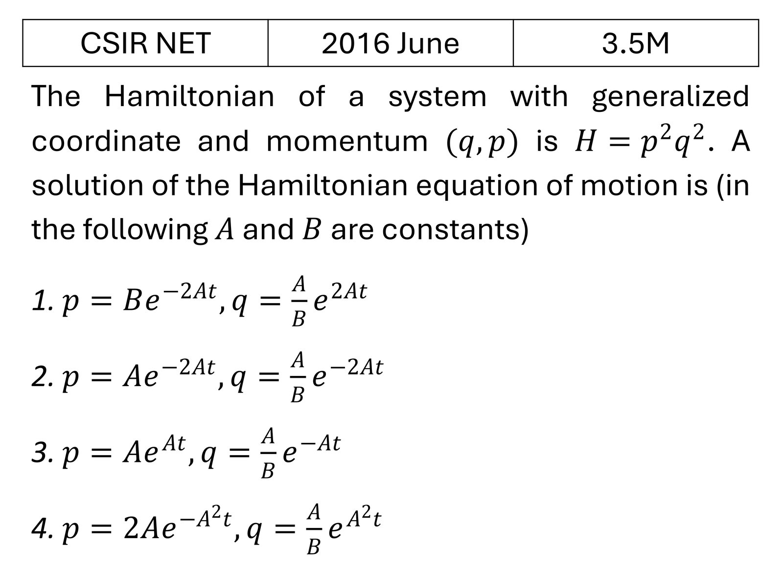 CSIR NET 2016 June Lagrangian and Hamiltonian previous year question CSIR_2016_June_Q29
