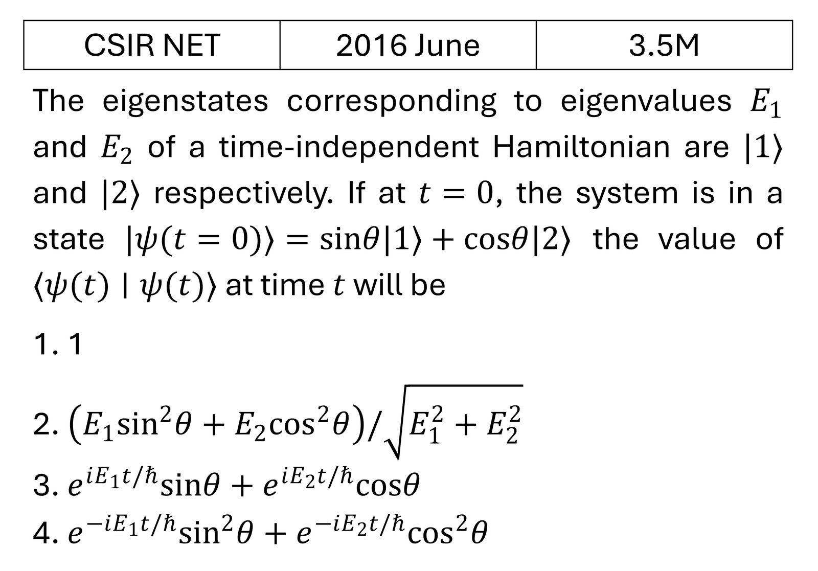 CSIR NET 2016 June Basic Quantum Mechanics previous year question CSIR_2016_June_Q37