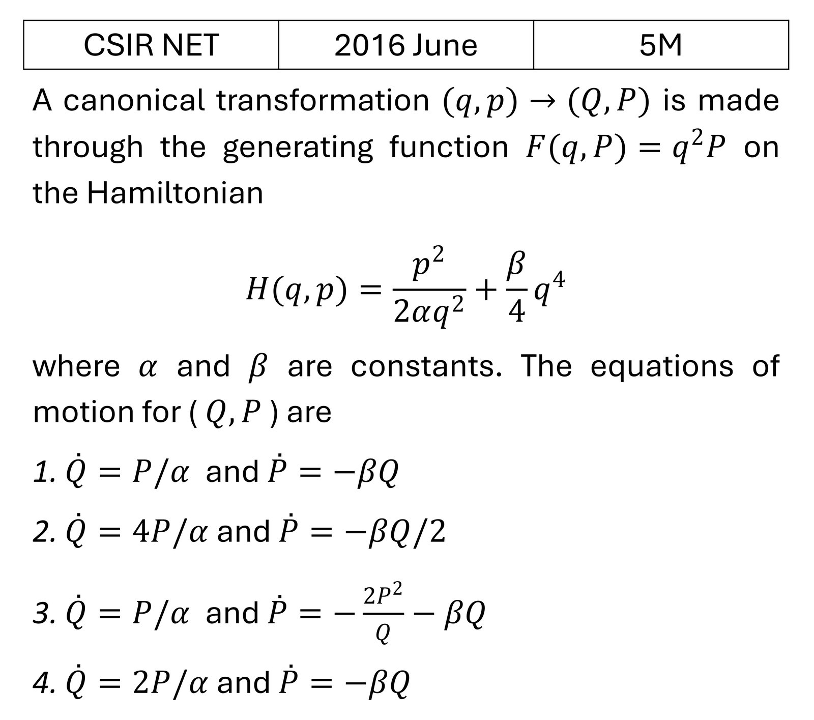 CSIR NET 2016 June Canonical transformations previous year question CSIR_2016_June_Q51