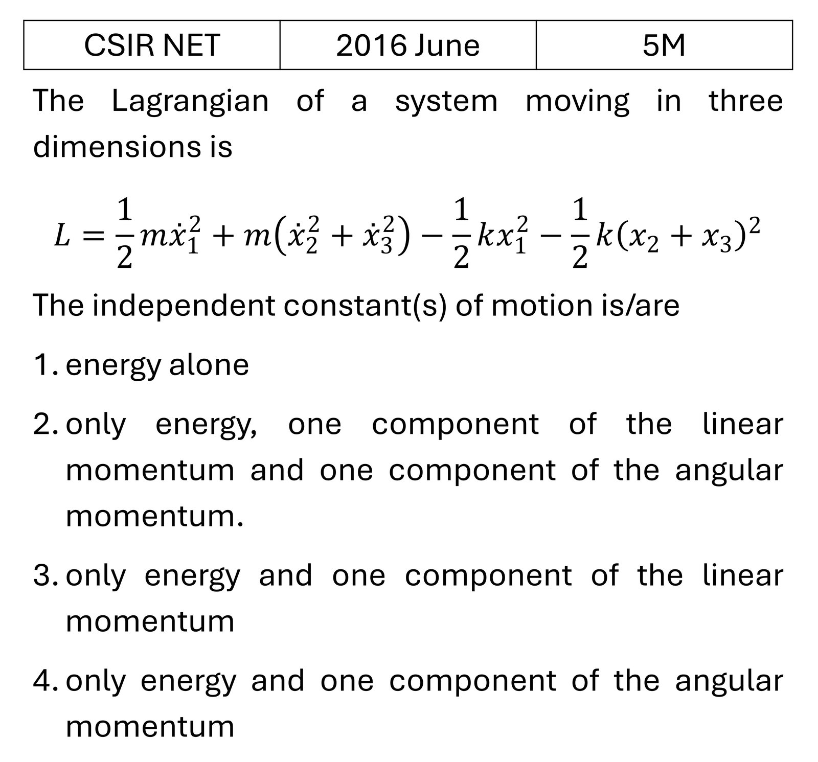 CSIR NET 2016 June Lagrangian and Hamiltonian previous year question CSIR_2016_June_Q52