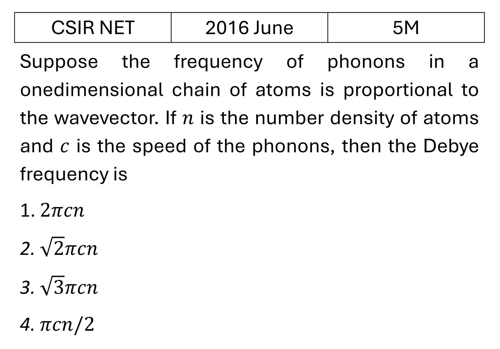 CSIR NET 2016 June Lattice vibrations previous year question CSIR_2016_June_Q68