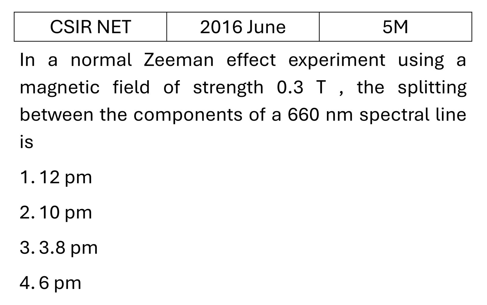 CSIR NET 2016 June Zeeman effect previous year question CSIR_2016_June_Q71
