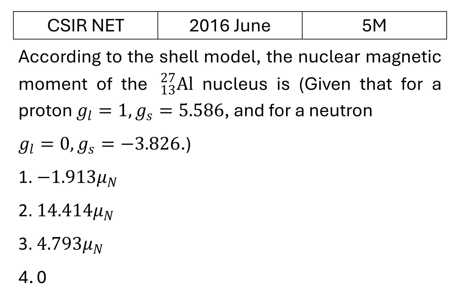 CSIR NET 2016 June Shell Model previous year question CSIR_2016_June_Q75