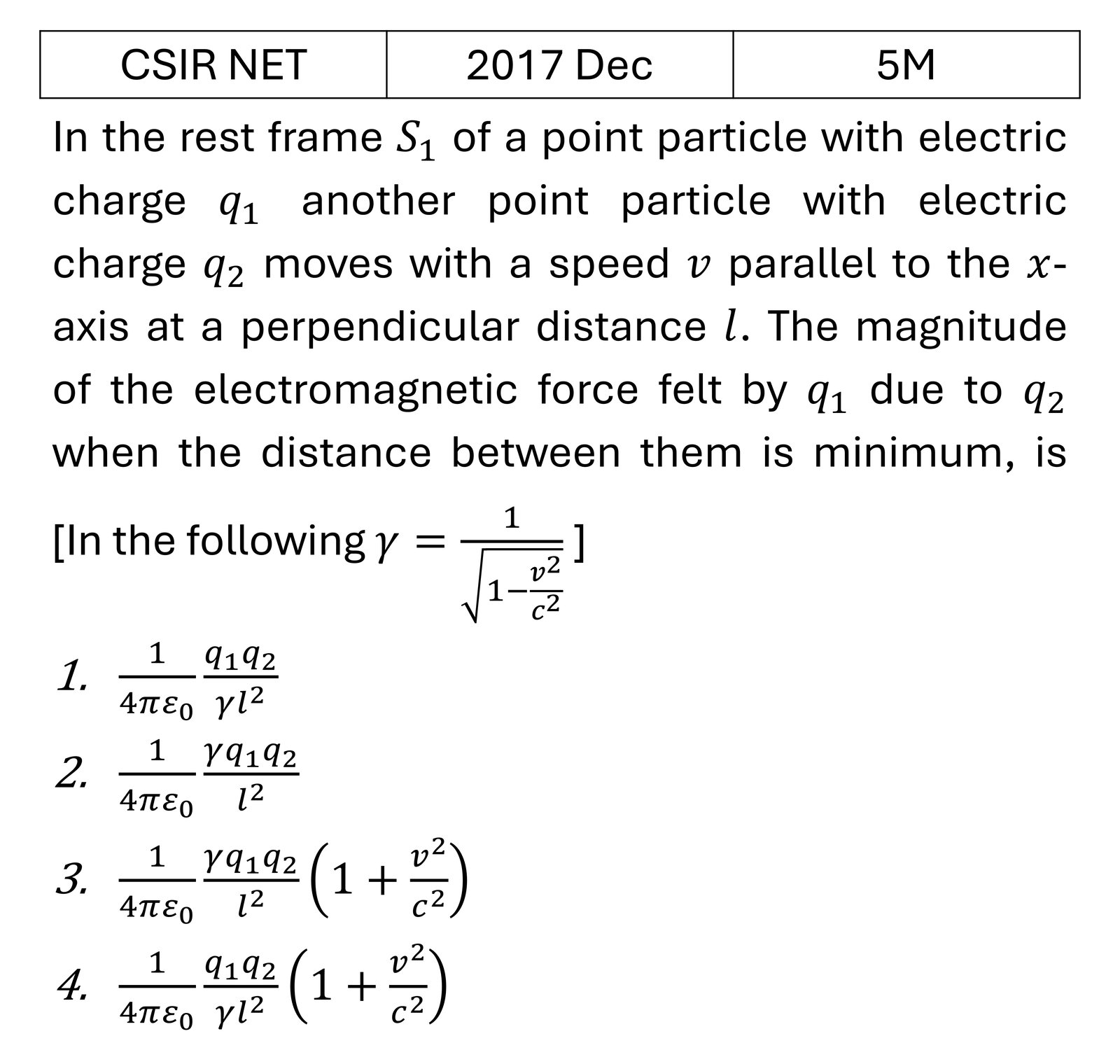 CSIR NET 2017 Dec Relativistic electromagnetism previous year question CSIR_2017_Dec_Q54