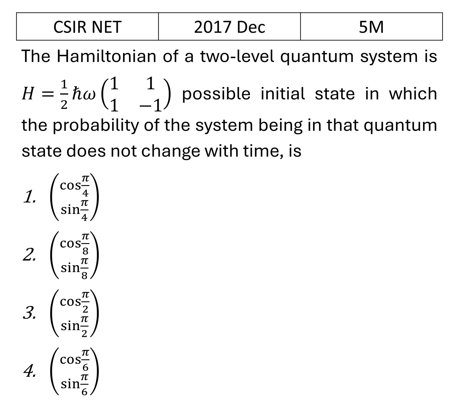 CSIR NET 2017 Dec Basic Quantum Mechanics previous year question CSIR_2017_Dec_Q57