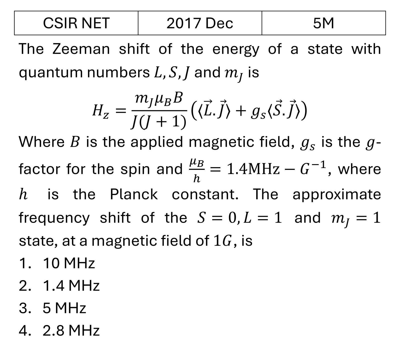 CSIR NET 2017 Dec Zeeman effect previous year question CSIR_2017_Dec_Q67
