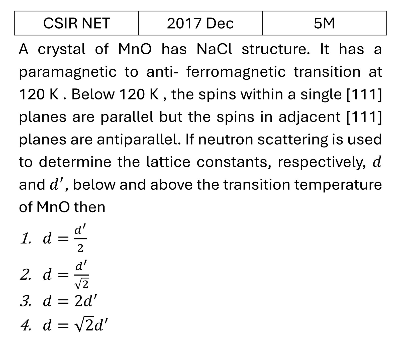 CSIR NET 2017 Dec Xray diffraction previous year question CSIR_2017_Dec_Q70