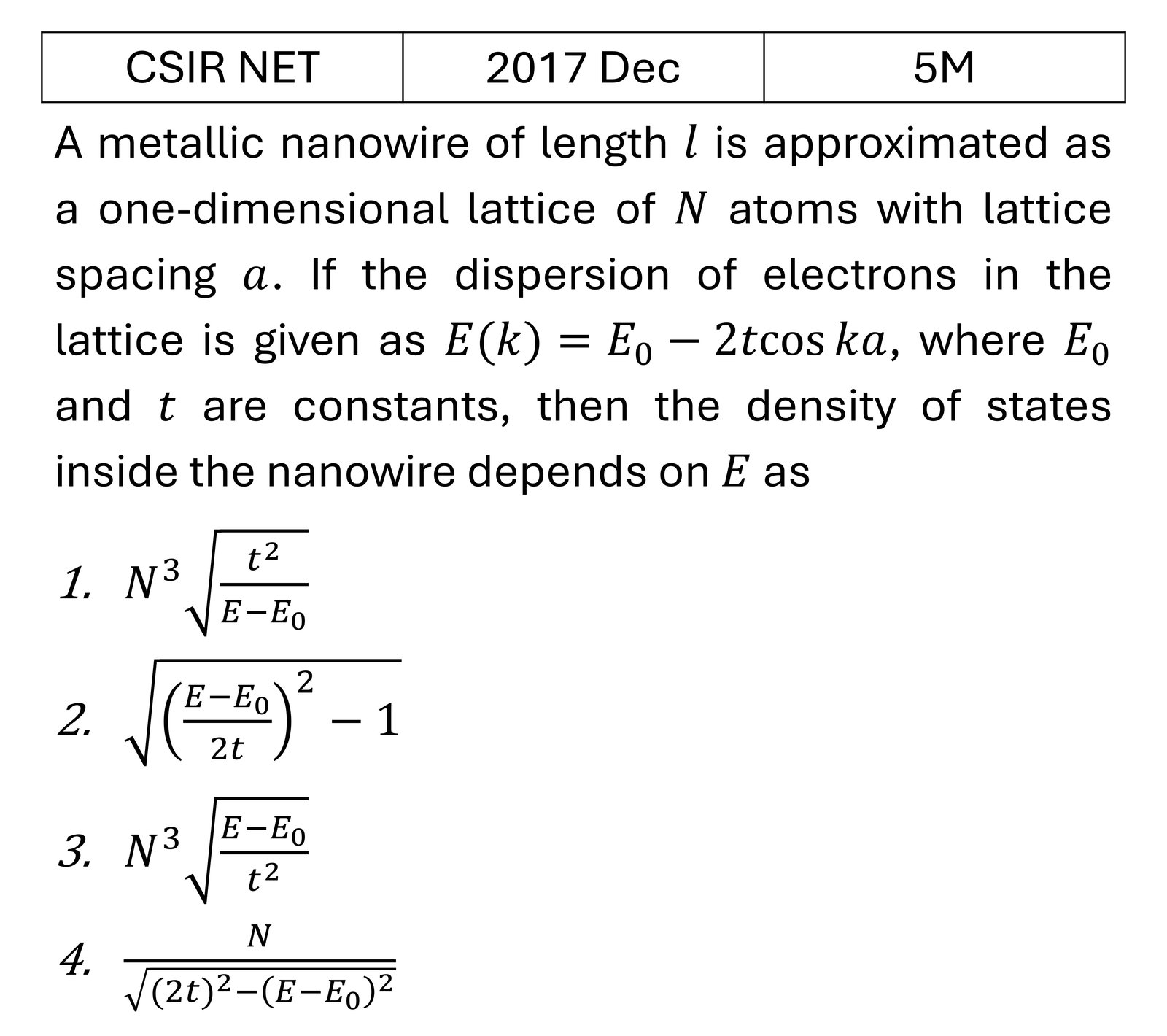 CSIR NET 2017 Dec Tight binding model previous year question CSIR_2017_Dec_Q71