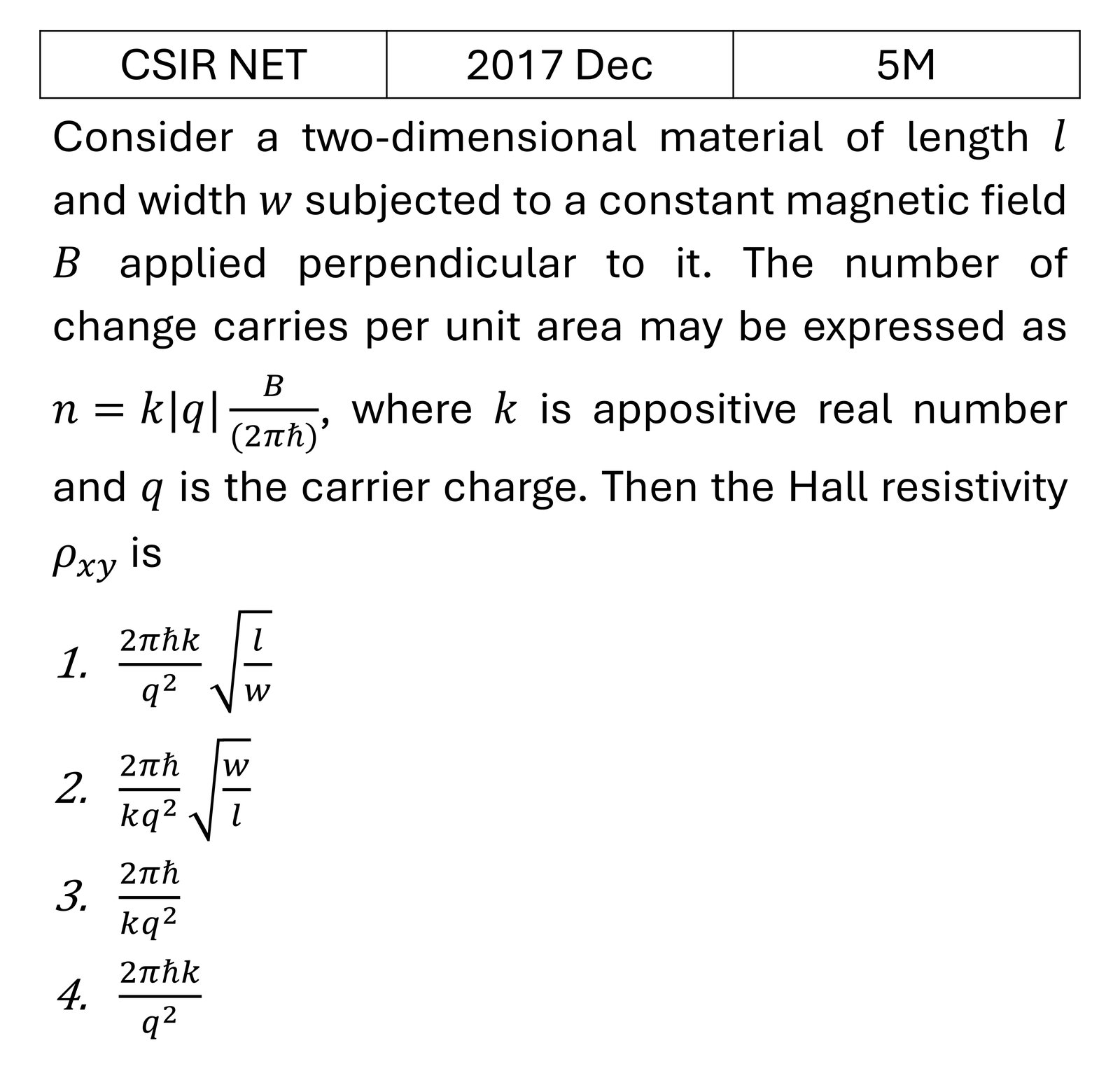 CSIR NET 2017 Dec Hall Effect previous year question CSIR_2017_Dec_Q72
