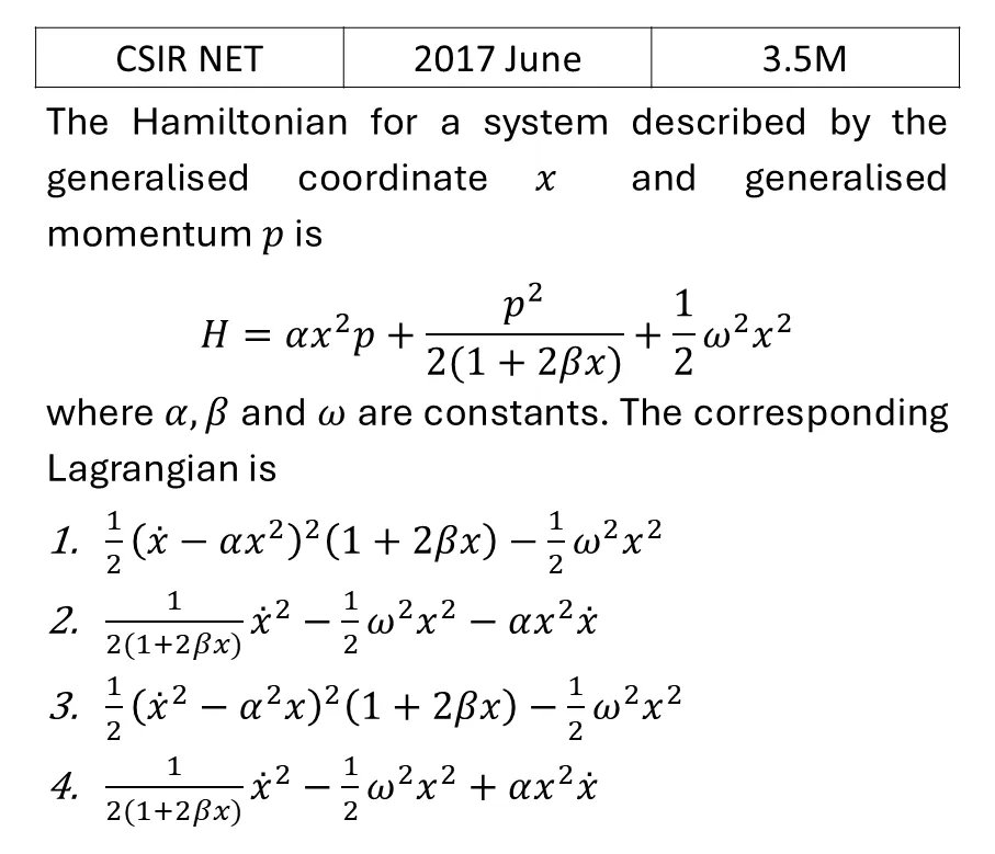 CSIR NET 2017 June Lagrangian and Hamiltonian previous year question CSIR_2017_June_Q26
