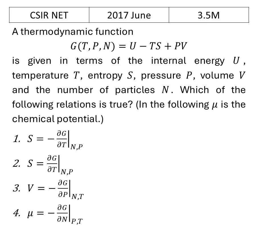 CSIR NET 2017 June Thermodynamic relations and maxwell equations previous year question CSIR_2017_June_Q38