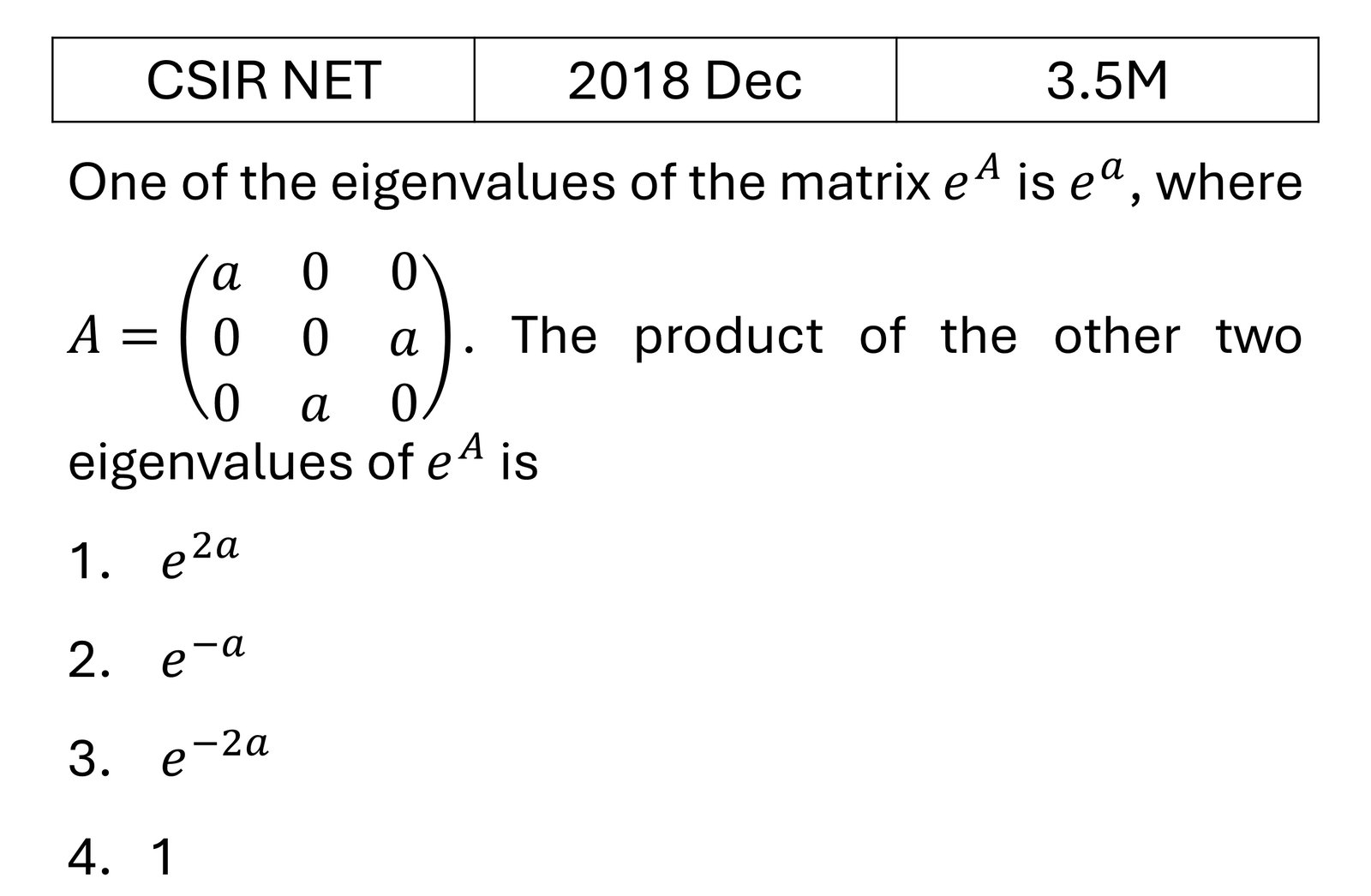CSIR NET 2018 Dec Matrices and Linear Algebra previous year question CSIR_2018_Dec_Q21