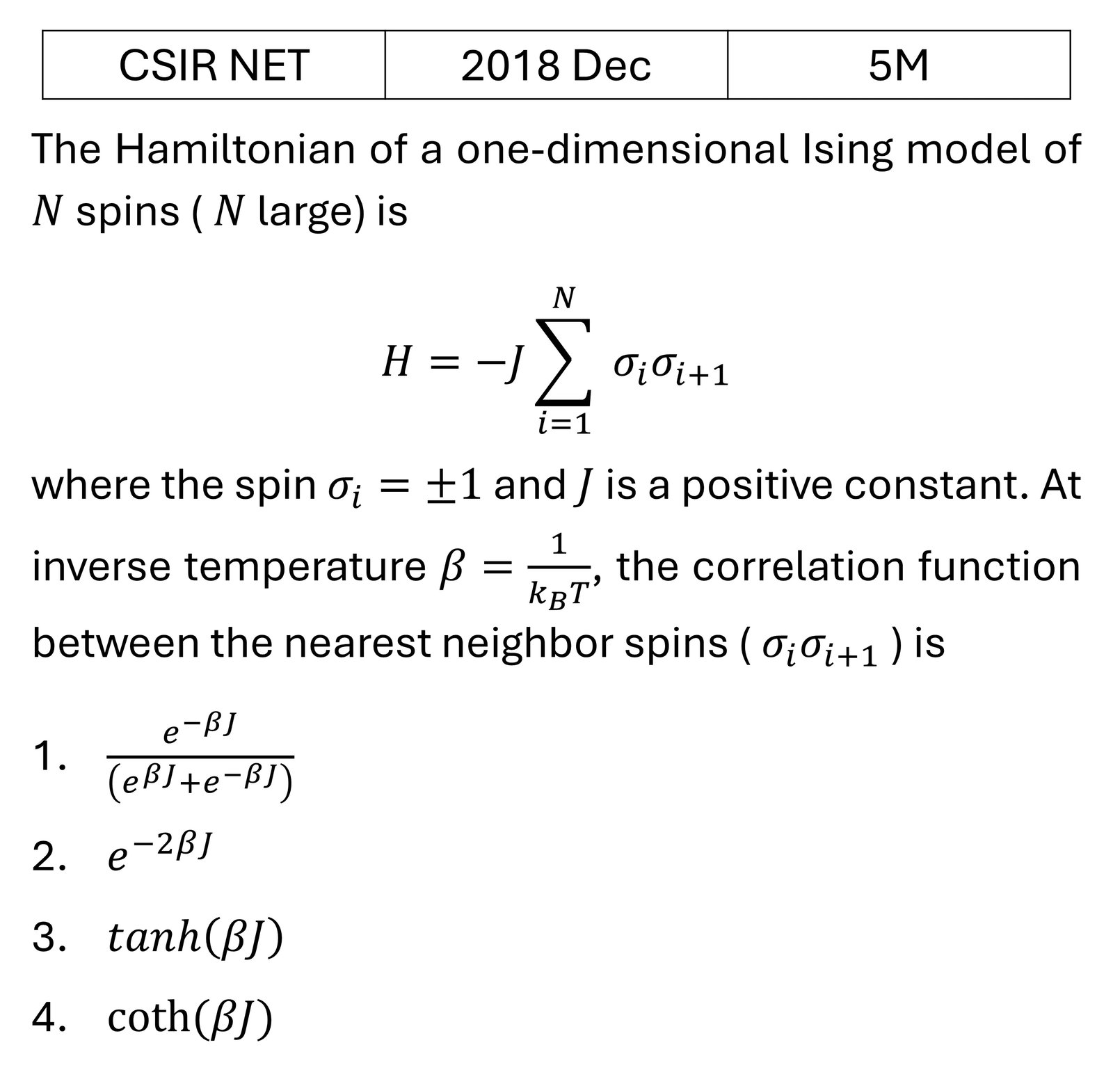 CSIR NET 2018 Dec Ising model previous year question CSIR_2018_Dec_Q60