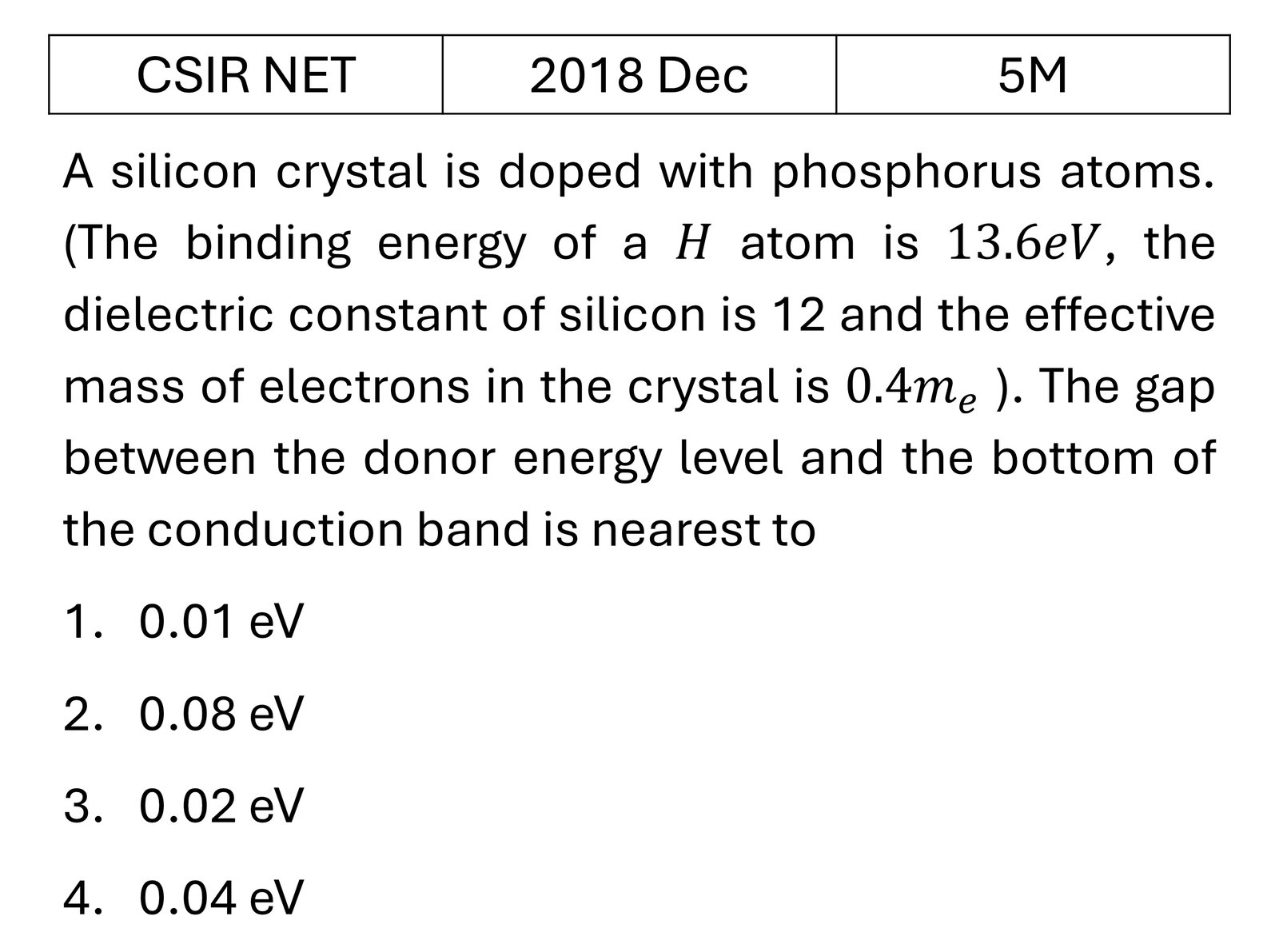 CSIR NET 2018 Dec Semiconductor Physics previous year question CSIR_2018_Dec_Q72