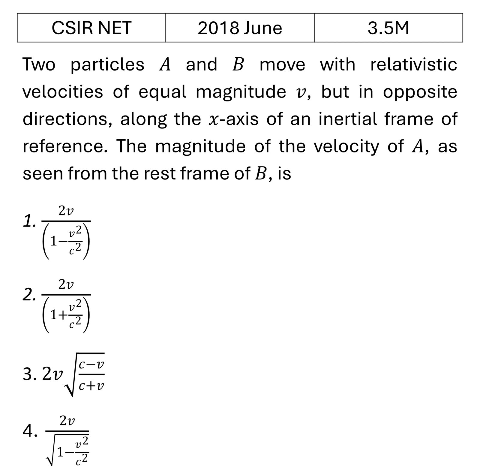 CSIR NET 2018 June Special theory of relativity previous year question CSIR_2018_June_Q28