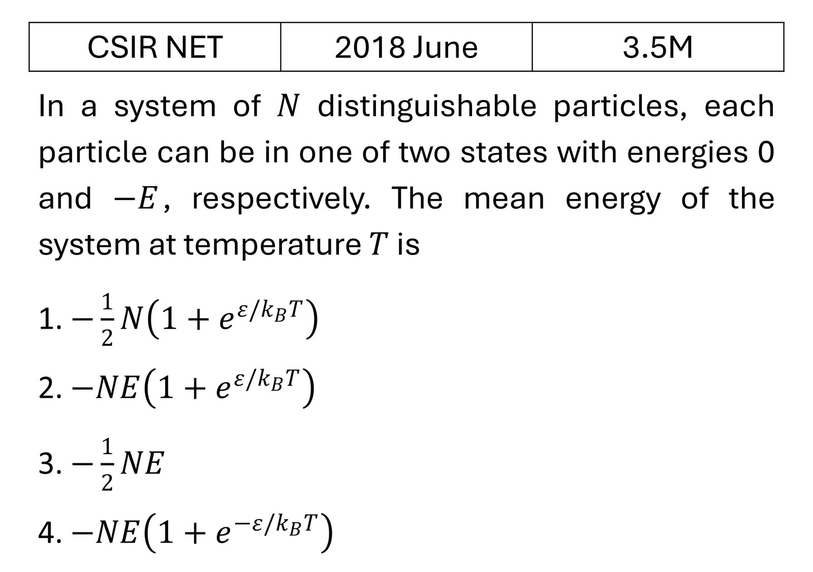 CSIR NET 2018 June Canonical Ensemble previous year question CSIR_2018_June_Q41
