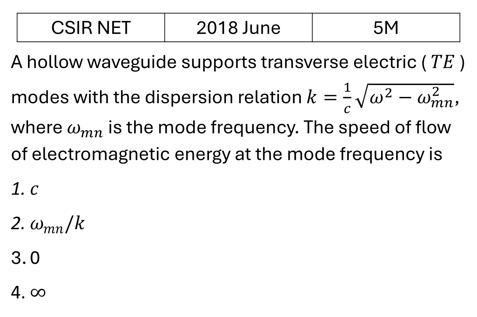 CSIR NET 2018 June Waveguides previous year question CSIR_2018_June_Q55