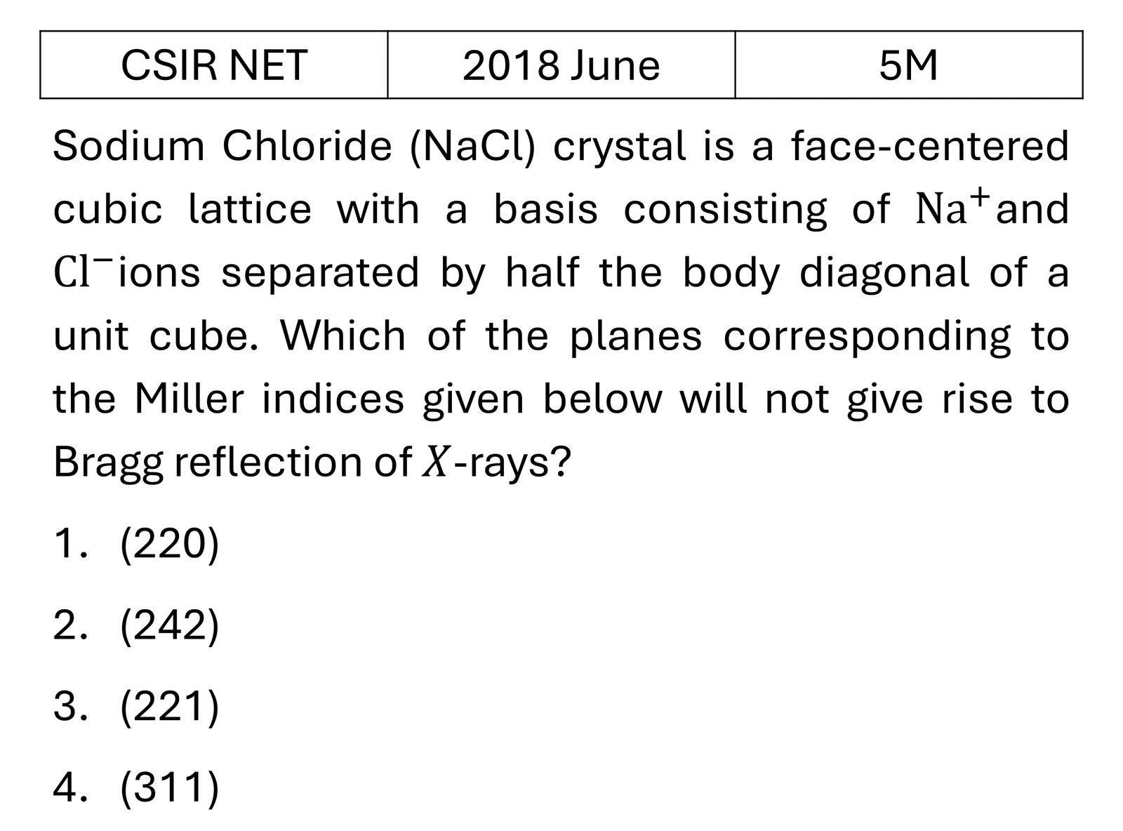 CSIR NET 2018 June Xray diffraction previous year question CSIR_2018_June_Q70