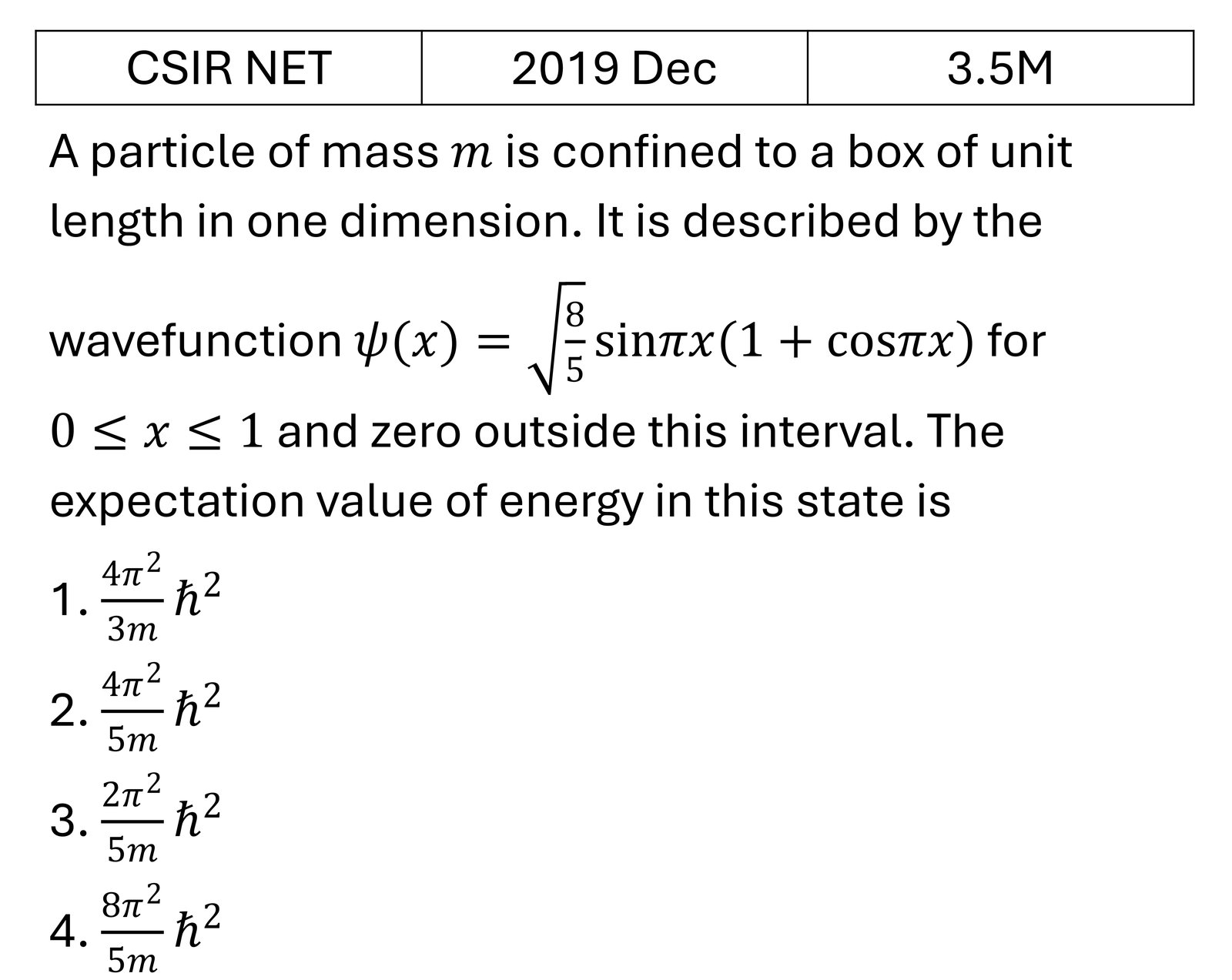 CSIR NET 2019 Dec Basic Quantum Mechanics previous year question CSIR_2019_Dec_Q37