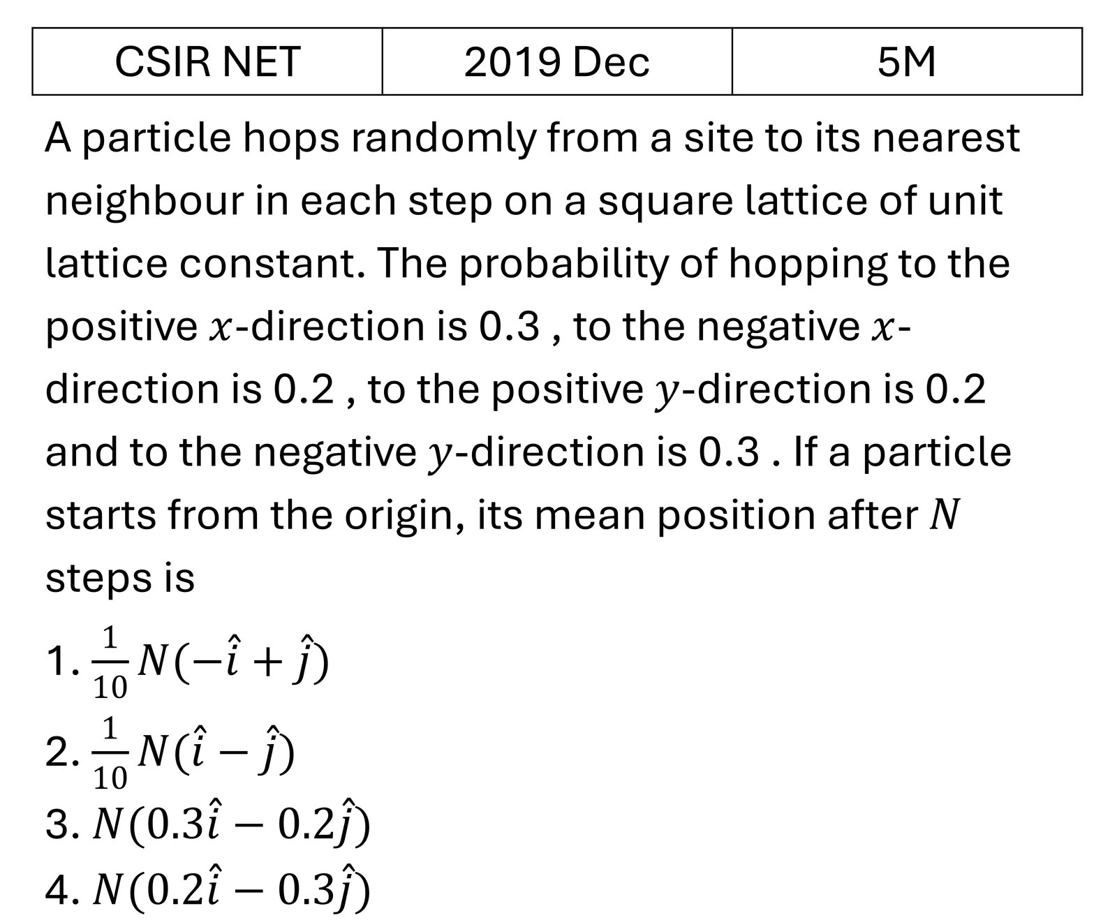 CSIR NET 2019 Dec Random Walk/Brownian motion/Diffusion previous year question CSIR_2019_Dec_Q48