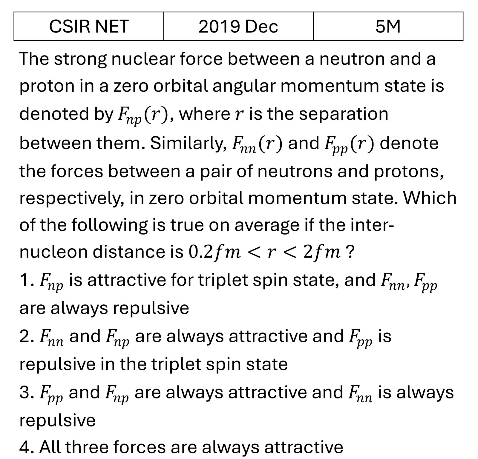 CSIR NET 2019 Dec Nuclear forces and Scattering previous year question CSIR_2019_Dec_Q50