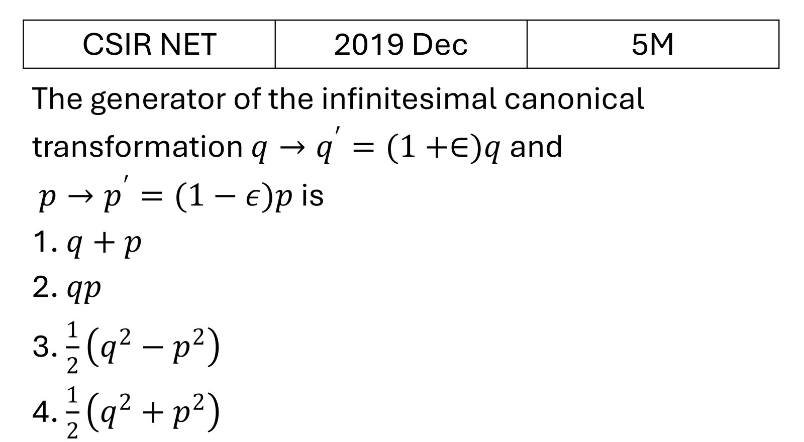 CSIR NET 2019 Dec Canonical transformations previous year question CSIR_2019_Dec_Q52