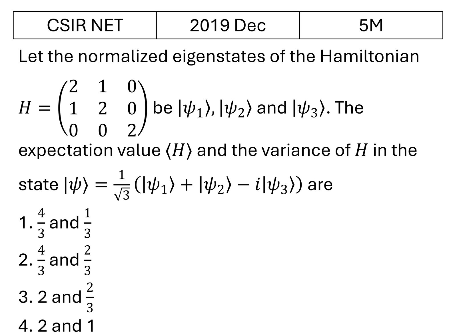 CSIR NET 2019 Dec Basic Quantum Mechanics previous year question CSIR_2019_Dec_Q54
