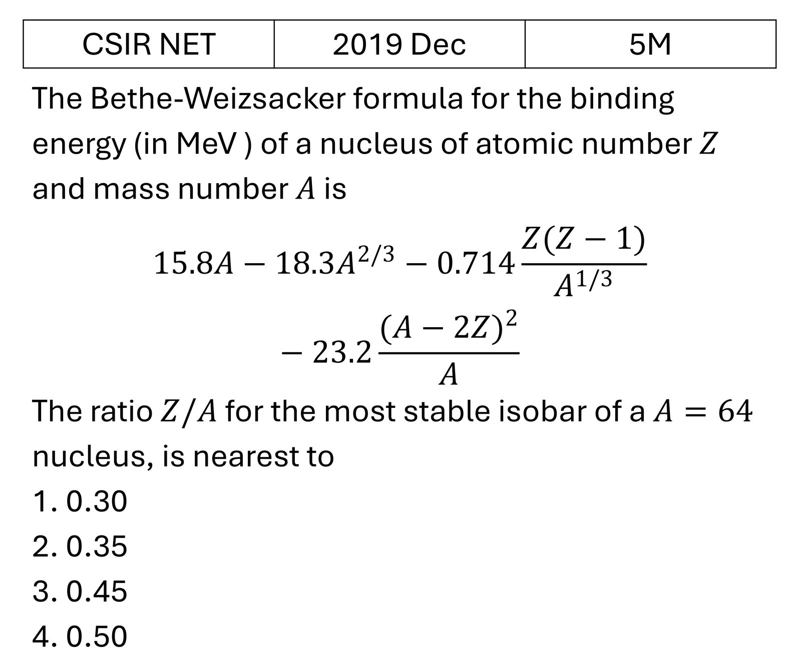 CSIR NET 2019 Dec Liquid Drop Model previous year question CSIR_2019_Dec_Q57