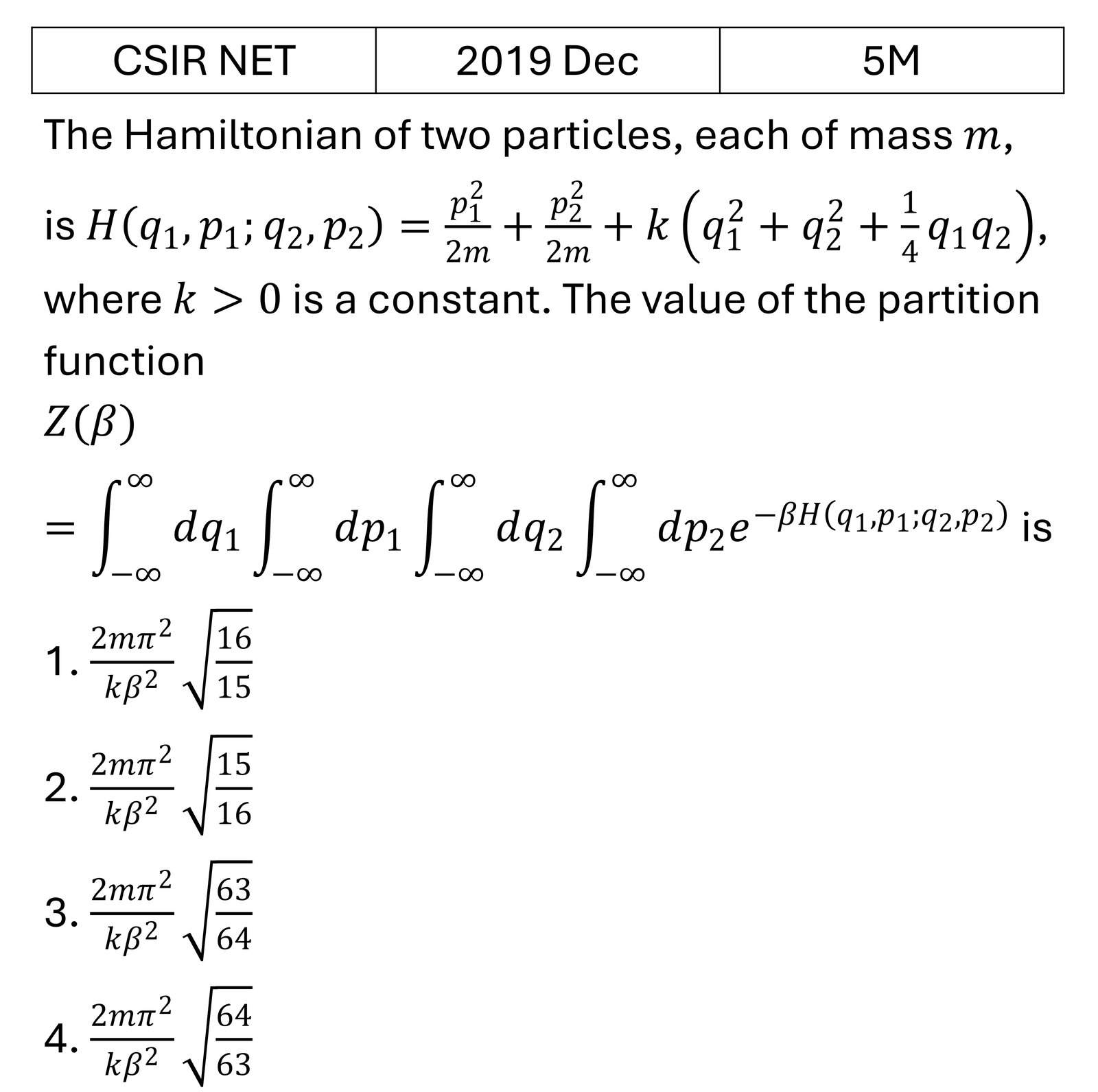 CSIR NET 2019 Dec Canonical Ensemble previous year question CSIR_2019_Dec_Q59