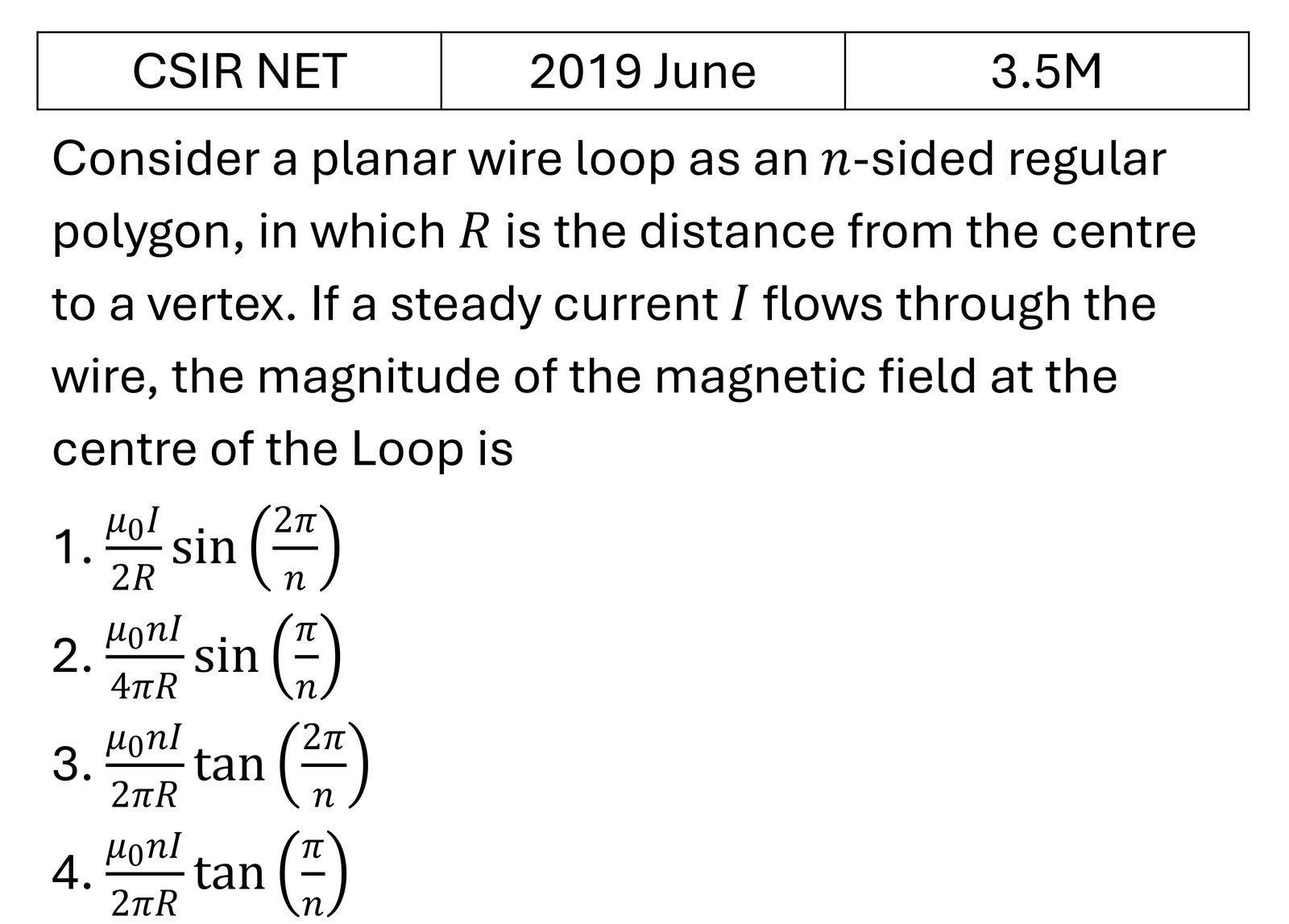CSIR NET 2019 June Magetostatics previous year question CSIR_2019_June_Q30