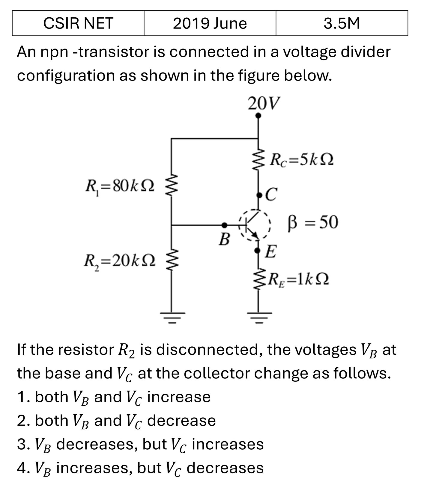 CSIR NET 2019 June Transistors previous year question CSIR_2019_June_Q44