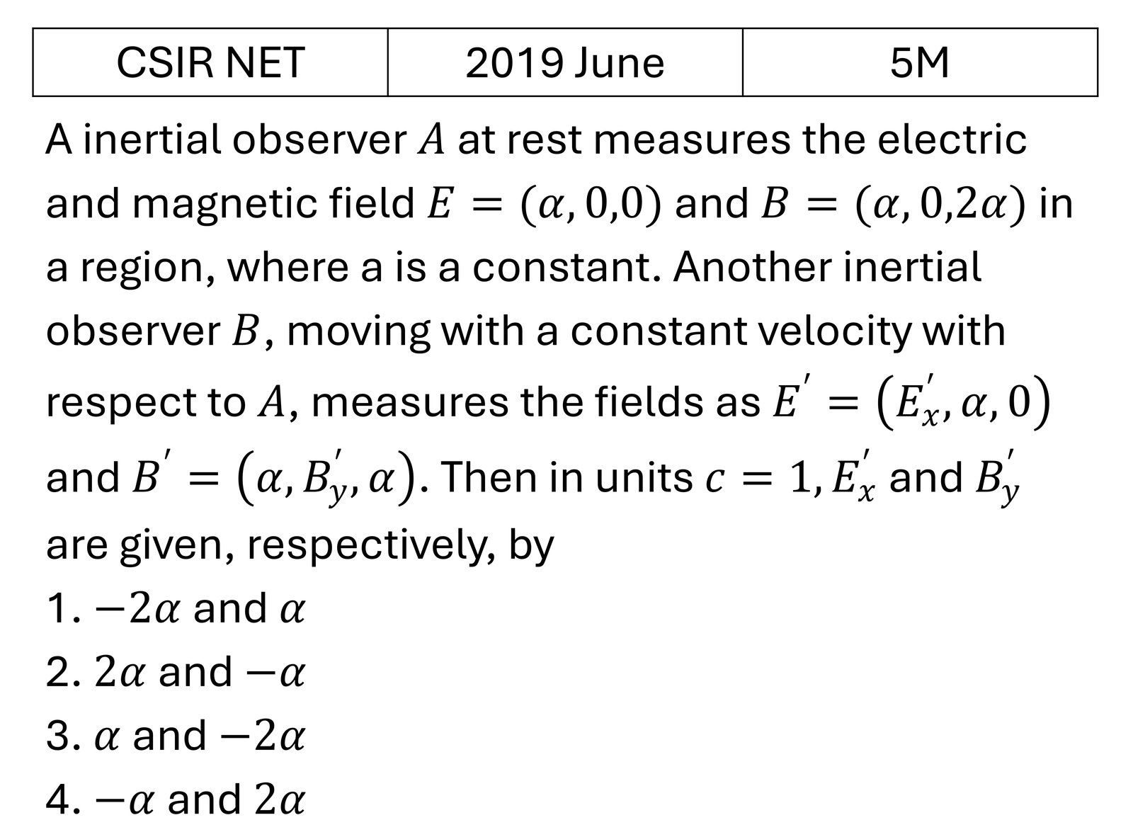 CSIR NET 2019 June Relativistic electromagnetism previous year question CSIR_2019_June_Q54