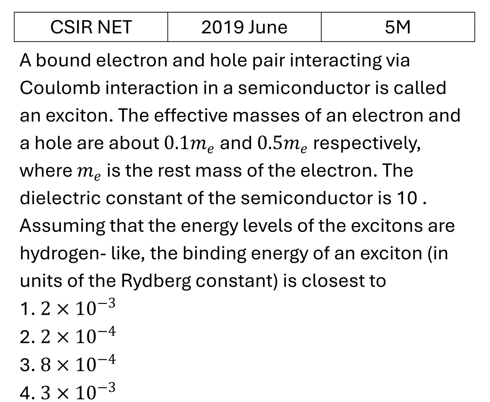 CSIR NET 2019 June Semiconductor Physics previous year question CSIR_2019_June_Q67