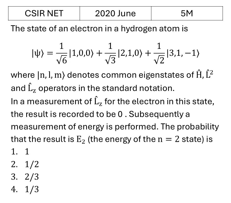 CSIR NET 2020 June Orbital angular Momentum and Hydrogen atom previous year question CSIR_2020_June_Q46