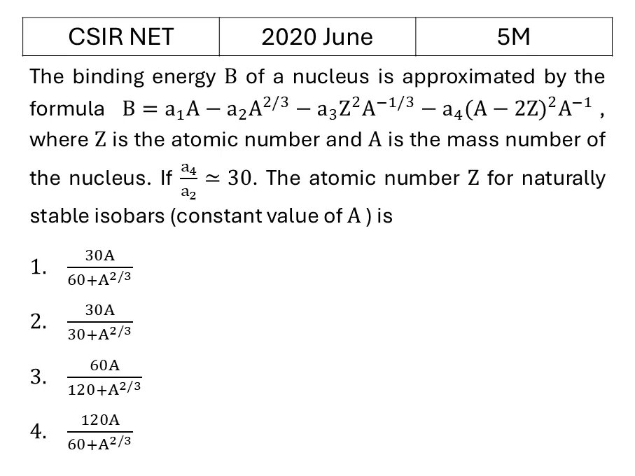 CSIR NET 2020 June Liquid Drop Model previous year question CSIR_2020_June_Q74