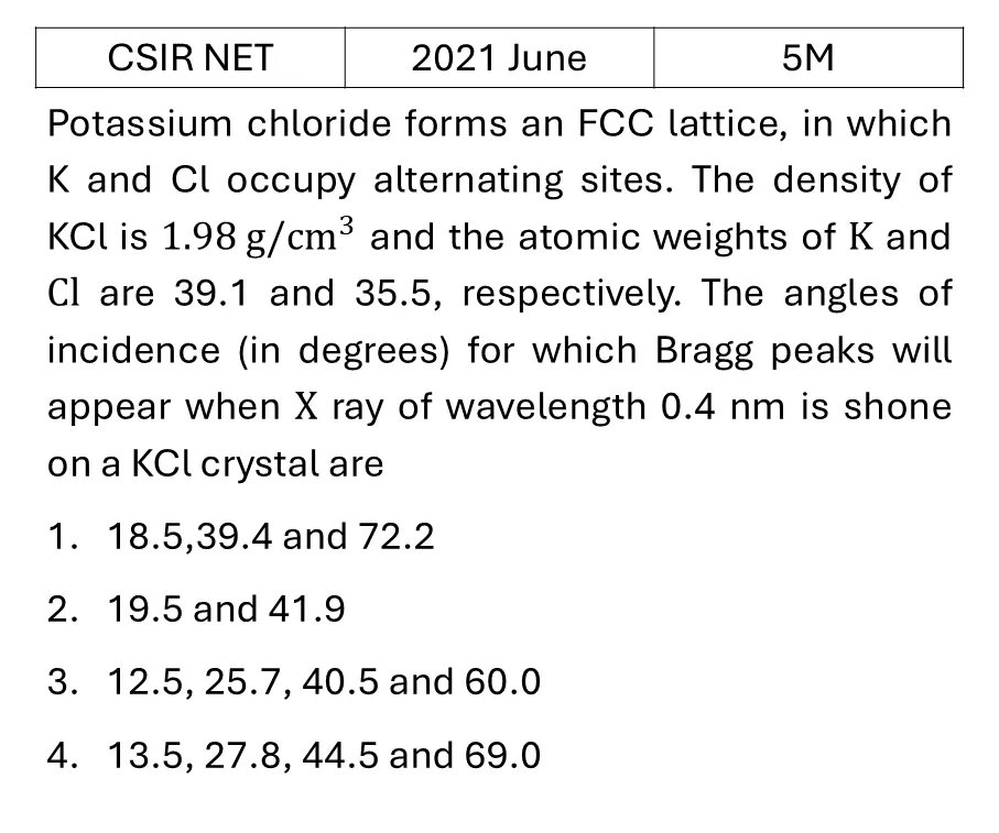 CSIR NET 2021 June Xray diffraction previous year question CSIR_2021_June_Q69