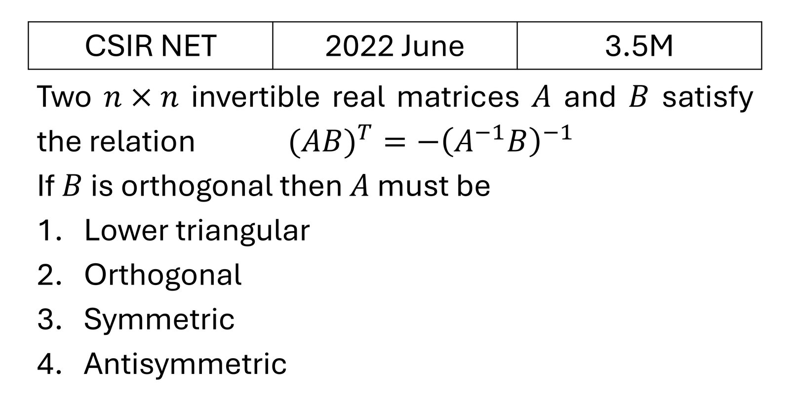 CSIR NET 2022 June Matrices and Linear Algebra previous year question CSIR_2022_June_Q23
