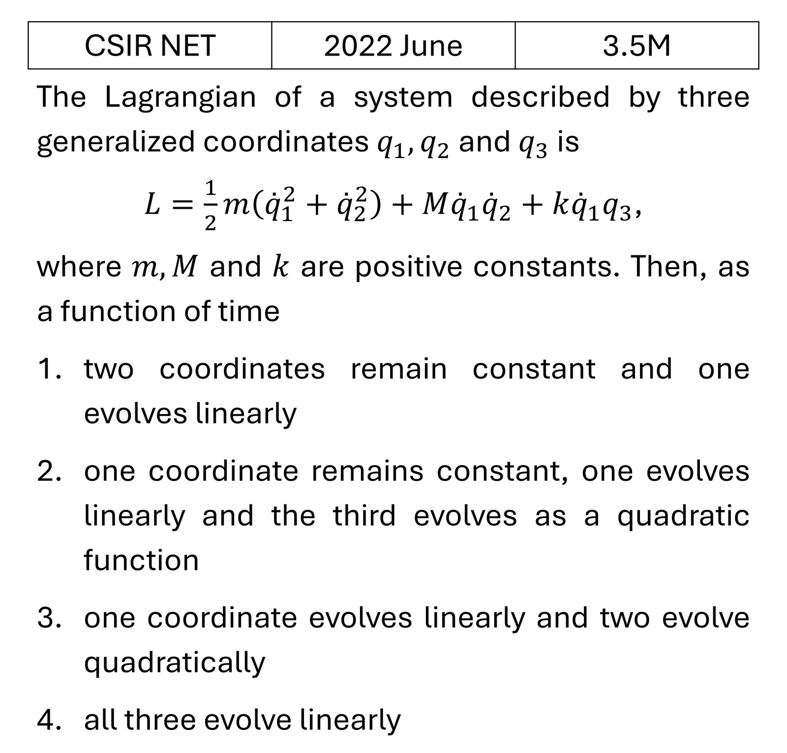 CSIR NET 2022 June Lagrangian and Hamiltonian previous year question CSIR_2022_June_Q27
