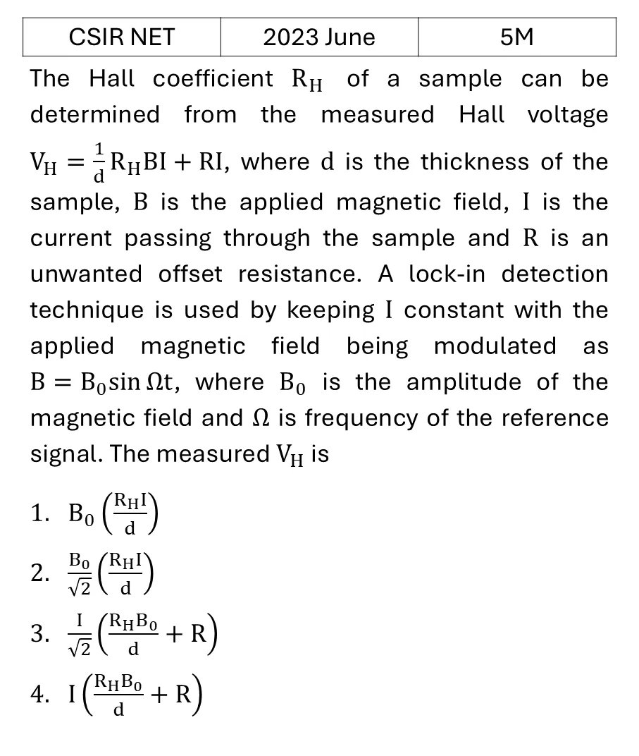 CSIR NET 2023 June Hall Effect previous year question CSIR_2023_June_Q64