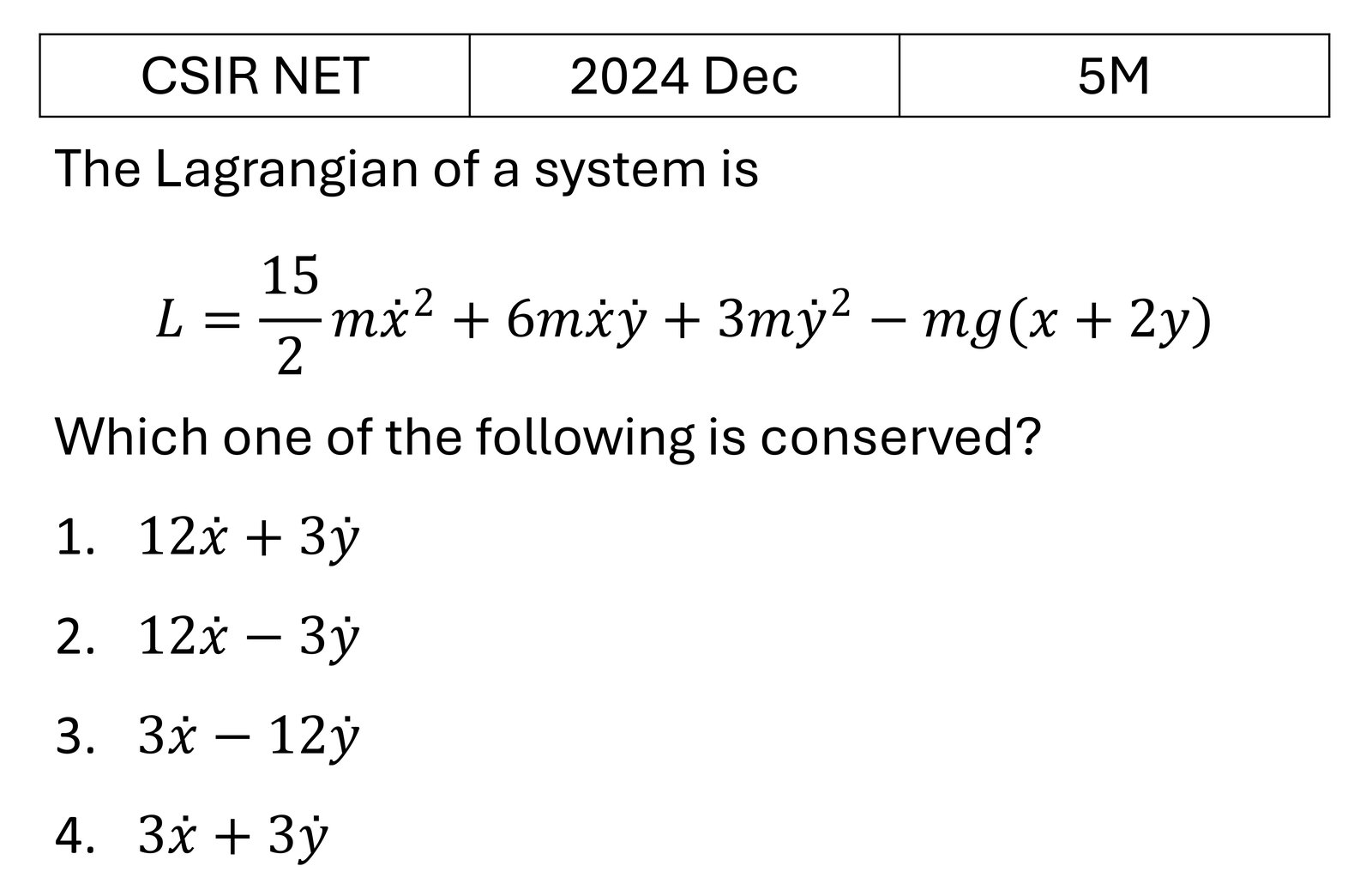 CSIR NET 2024 Dec Lagrangian and Hamiltonian previous year question CSIR_2024_Dec_Q47