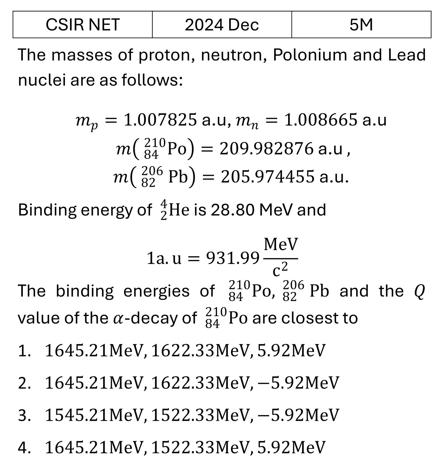 CSIR NET 2024 Dec Radioactivity previous year question CSIR_2024_Dec_Q58