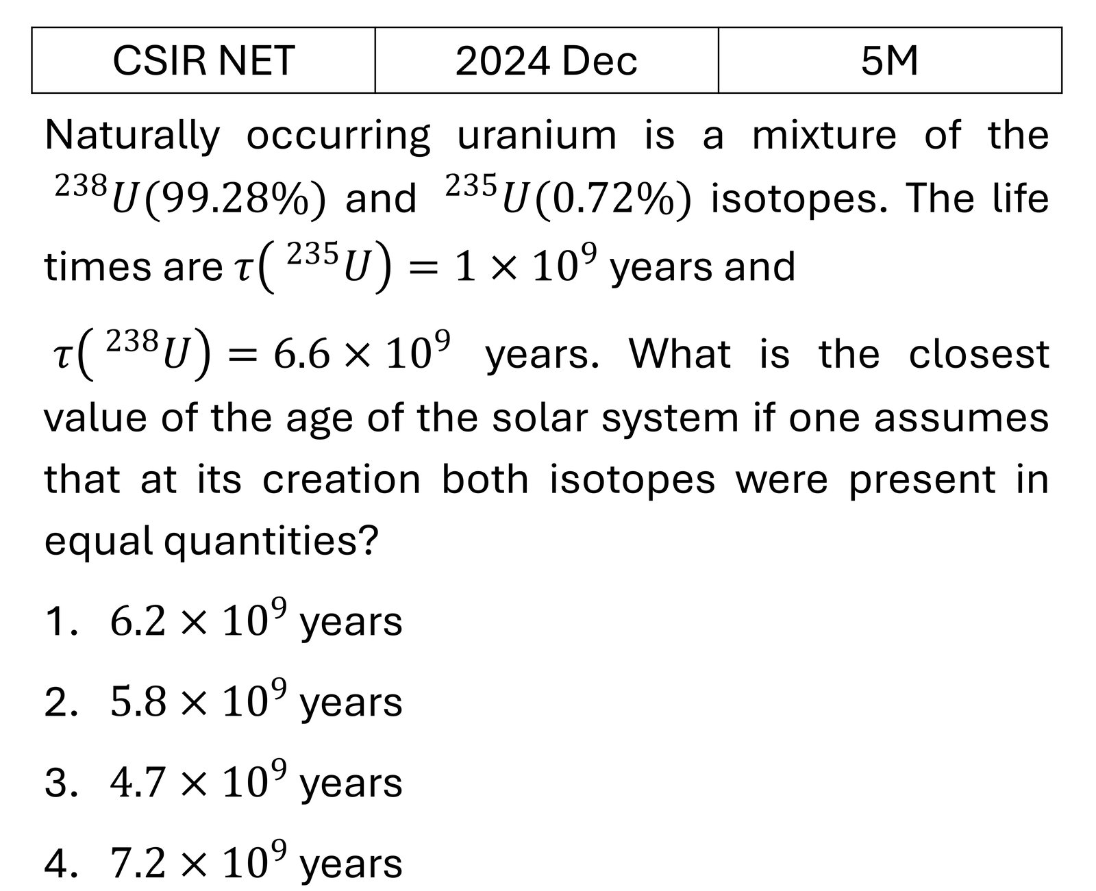 CSIR NET 2024 Dec Radioactivity previous year question CSIR_2024_Dec_Q60