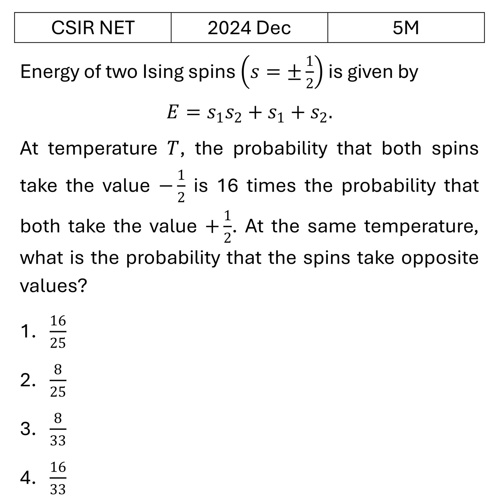 CSIR NET 2024 Dec Ising model previous year question CSIR_2024_Dec_Q70
